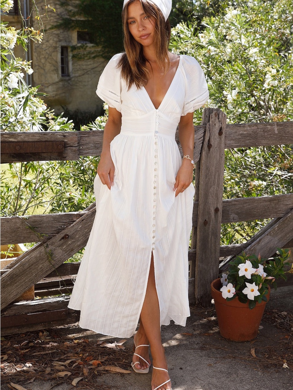 Fortunate One Sunny Attire Maxi Dress White Cotton Linen Button Front L NWOT